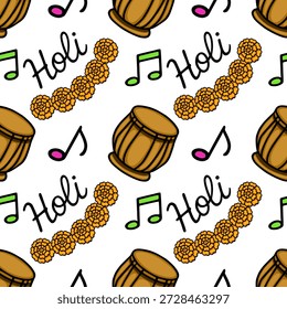Patrón de Vector sin fisuras de los Elementos del festival Holi con tambores dhol, guirnaldas de caléndula y notas musicales