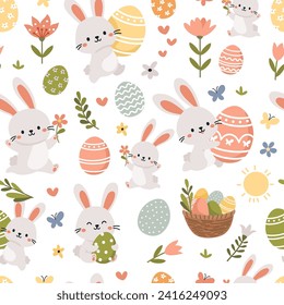 Seamless vector pattern for the holiday of bright Easter. Cute Easter bunnies, eggs, flowers and butterflies