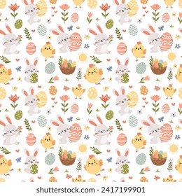 Seamless vector pattern for the holiday of bright Easter. Cute Easter bunnies, chickens, eggs, flowers and butterflies