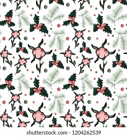 Seamless vector pattern with holiday elements. Cotton leaves pattern