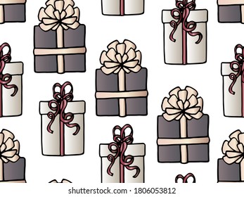Seamless vector pattern with holiday gifts. Multi-colored boxes. The concept of Christmas and New year. Design of packaging, Wallpaper, backgrounds and fabrics