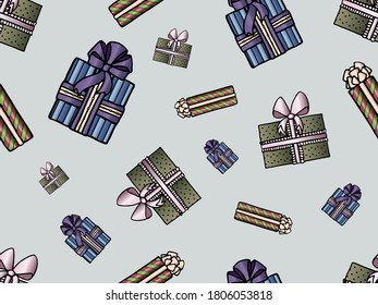 Seamless vector pattern with holiday gifts. Multi-colored boxes. The concept of Christmas and New year. Design of packaging, Wallpaper, backgrounds and fabrics