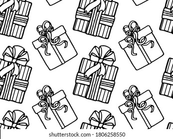 Seamless vector pattern with holiday gifts. Contour drawing. Coloring pages for children and adults. The concept of Christmas and the new year. Design for packaging, Wallpaper, backgrounds, and fabric