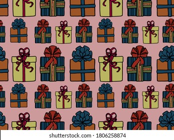 Seamless vector pattern with holiday gifts. Multi-colored boxes. The concept of Christmas and New year. Design of packaging, Wallpaper, backgrounds and fabrics