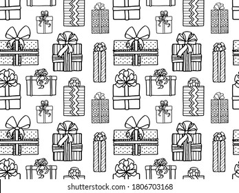 Seamless vector pattern with holiday gifts. Contour drawing. Coloring pages for children and adults. The concept of Christmas and the new year. Design for packaging, Wallpaper, backgrounds, and fabric