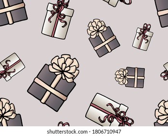 Seamless vector pattern with holiday gifts. Multi-colored boxes. The concept of Christmas and New year. Design of packaging, Wallpaper, backgrounds and fabrics