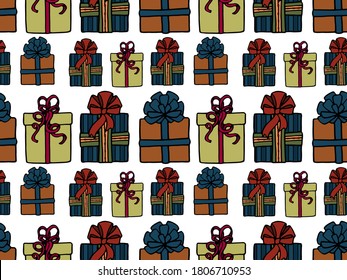 Patrón vectorial sin problemas con regalos de vacaciones. Cajas multicolores. El concepto de Navidad y Año Nuevo. Diseño de embalajes, papel tapiz, fondos y tejidos