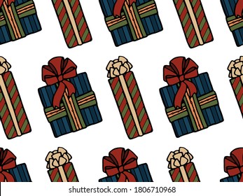 Seamless vector pattern with holiday gifts. Multi-colored boxes. The concept of Christmas and New year. Design of packaging, Wallpaper, backgrounds and fabrics