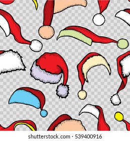 Seamless vector pattern. Holiday icons, patches, stickers. Christmas hats. New Year celebration elements. Design for fashion print, wrapping, backgrounds