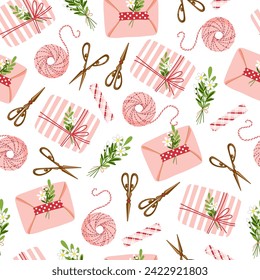 Seamless vector pattern, holiday theme, with the image of gift boxes, scissors, decorative ribbon. Ideal for printing on fabric, wallpaper, wrapping paper, packaging, cards, children's parties.