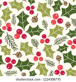 Seamless vector pattern with holly berries and pinecones. Great for wrapping paper, wallpaper, web page background, fabric, scrapbooking.