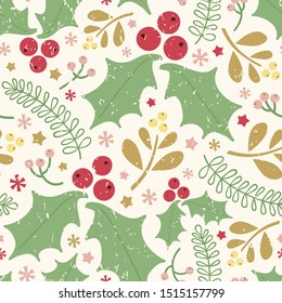 Seamless vector pattern with holly berries, mistletoe, leaves and berries.
