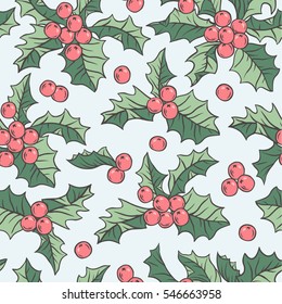 Seamless vector pattern with holly berries, holiday christmas background.