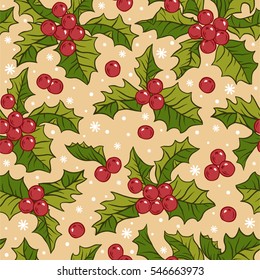 Seamless vector pattern with holly berries, holiday christmas background.