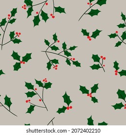 Seamless vector pattern with holly berry. Christmas holiday texture. Winter background