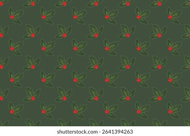 Seamless vector pattern Holly branches Christmas and winter holiday designs Elegant hand-drawn style ideal for wrapping paper, fabric, backgrounds  festive decorations Isolated dark green background