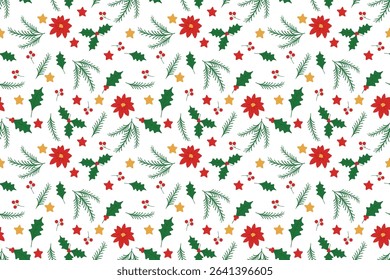 Seamless vector pattern with holly branches, poinsettia flowers, fir twigs, and stars. Elegant festive design perfect for Christmas wrapping paper, textiles, backgrounds, and seasonal decorations.