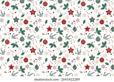 Seamless vector pattern Holly branches, poinsettias, fir twigs, stars Flat-style Christmas ornaments Paper-cut look perfect for festive wrapping paper, fabric Holiday decoration Transparent background