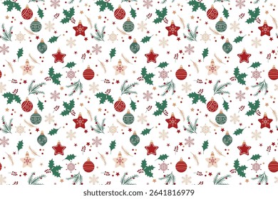 Seamless vector pattern Holly branches, poinsettias fir twigs stars Flat retro style Christmas ornaments Paper-cut look Festive wrapping paper, fabric Holiday decoration Transparent background