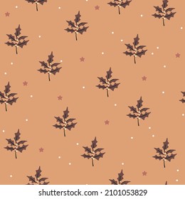 Seamless vector pattern with holly twigs with stars symbol of winter holidays. Elegant flat design. Cute hand drawn background for wrapping paper, textile, fabric, wallpaper, gift, card, packaging.