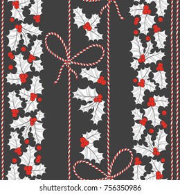Seamless vector pattern with holly and twisted cord on a black background.