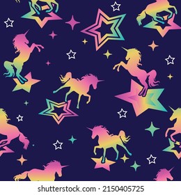 seamless vector pattern. Holographic magic unicorn with star, pattern for girls, Creative background for textile, prints, paper wrap