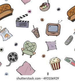 seamless vector pattern with home cinema hand drawn icons in vintage Doodle style isolated on white background