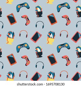 Patrón vectorial sin problemas con elementos de entretenimiento doméstico en fondo gris. Ilustración del controlador de juegos, tableta, auriculares y planta doméstica