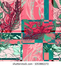 Seamless vector pattern with home flowers - scheffler, scindapsus, zamiokulkas, petunia