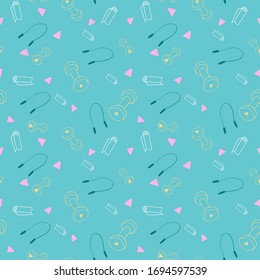 Nahtlose Vektorillustration mit Heimsportgeräten auf blauem Hintergrund. Handgezeichnete flache Illustration. Perfekt für Stoffdruck, Tapete, Deckel.