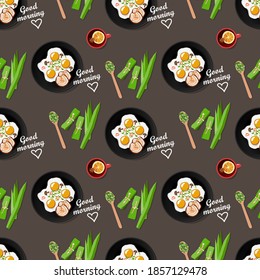 Seamless vector pattern of homemade breakfast  with bacon, fried eggs in a pan, a cup of lemon tea and pandan leaves spices. Top view  flat lay