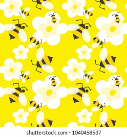 Seamless  vector pattern with honey bees and white flowers. Repeating yellow background.