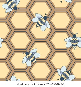 Seamless vector pattern with honey bees on brown background. Simple working bumblebee wallpaper design. Decorative summer insect fashion textile.