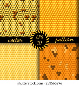 Seamless vector pattern of honey cells, combs. Set of four 4 patterns.