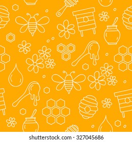 Seamless vector pattern of the honey icons on a yellow background, hand-drawn.