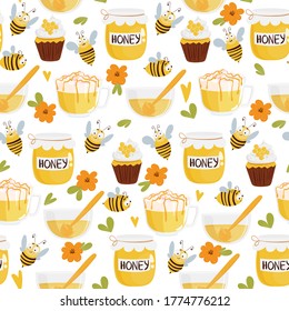 Seamless vector pattern with honey jar, drink, bee, cupcakes, flower elements. Illustration for print, product, fabric design
