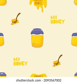 Seamless vector pattern of honey jar, wooden spoon, lettering 100 honey, honey streaks. Cartoon, flat style. Use for postcards, T-shirt printing, for children, advertising, brochures, stationery.