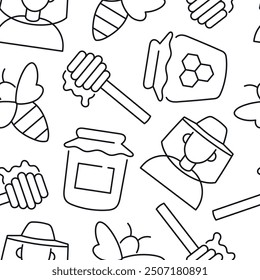 Seamless vector pattern with honey, spoon, beekeeper, bees