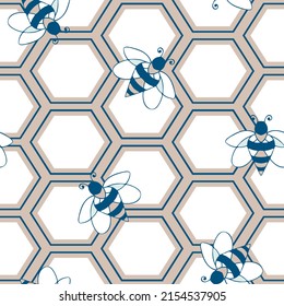 Seamless vector pattern with honeycomb and bees on grey background. Simple bumblebee wallpaper texture. Decorative hexagon fashion textile.