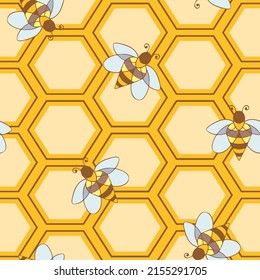 Seamless vector pattern with honeycomb and bees on yellow background. Simple summer bumblebee wallpaper design. Decorative lifestyle fashion textile.
