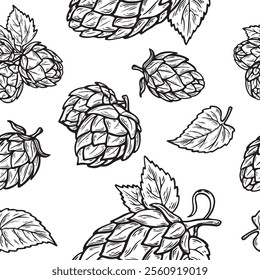 Seamless vector pattern with hops illustrated in a line drawing style. for craft beer branding, brewery logos, or packaging designs. 