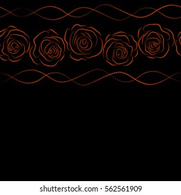 Seamless vector pattern with horizontal black and orange roses silhouette. Design of flowers in vintage style with copy space (place for your text). Illustration of floral decoration.