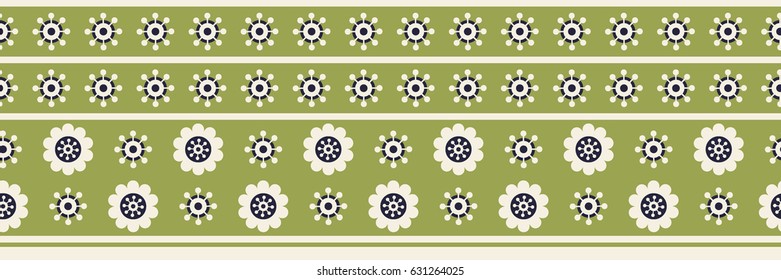 Seamless vector pattern. A horizontal border with floral ornament and stripes in a palette of green, beige and dark blue