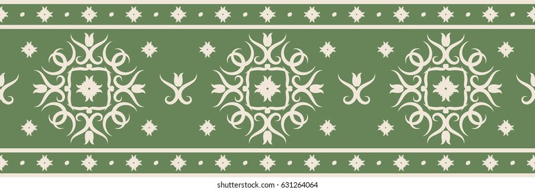 Seamless vector pattern. Horizontal border with cream ornament on a green background