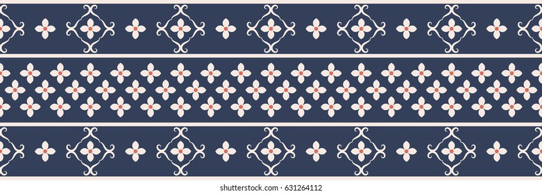 Seamless vector pattern. Horizontal border with a light floral ornament on a blue background