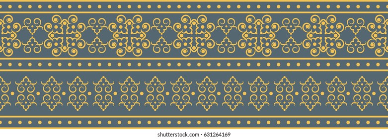 Seamless vector pattern. Horizontal border with yellow ornament on a blue background
