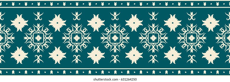 Seamless vector pattern. A horizontal border with a cream ornament on a dark turquoise background