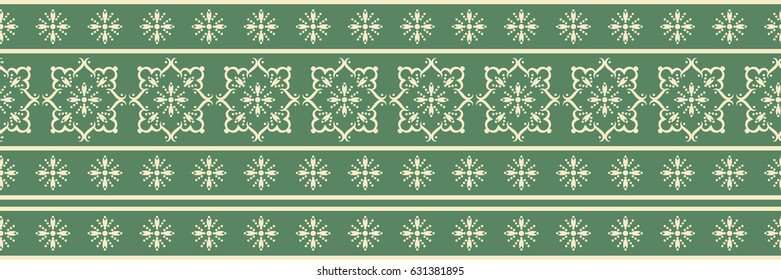 Seamless vector pattern. Horizontal border with a light creamy ornament on a green background