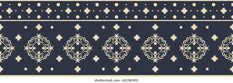Seamless vector pattern. A horizontal border with a cream ornament on a dark blue background