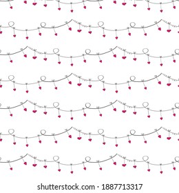 seamless vector pattern with horizontal garlands with hearts. doodle art